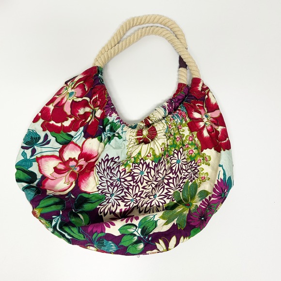 Handbags - Whimsical Floral Hobo Bag Rope Straps Lightweight Everyday Purse Tropcal Satchel